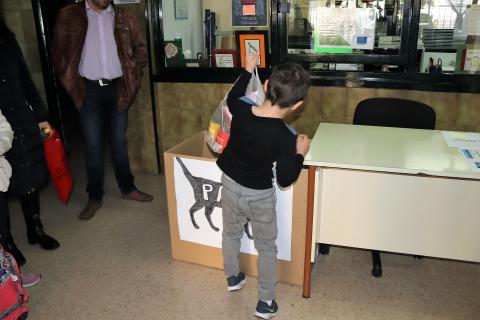 Un alumno entrega comida para gatos en el colegio Tierno Galván