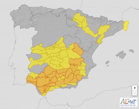 Mapa de nivel de avisos de la AEMET para este lunes