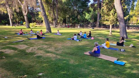 Clase del taller de yoga de la UP en el parque Julián Gómez Cambronero